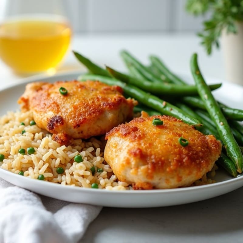 Crispy Lemon Herb Chicken Thighs with Fluffy Brown Rice and Roasted Green Beans