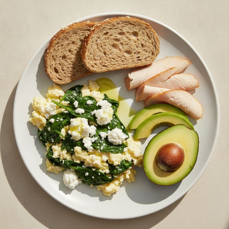 Egg White Spinach Scramble with Cottage Cheese and Sliced Turkey