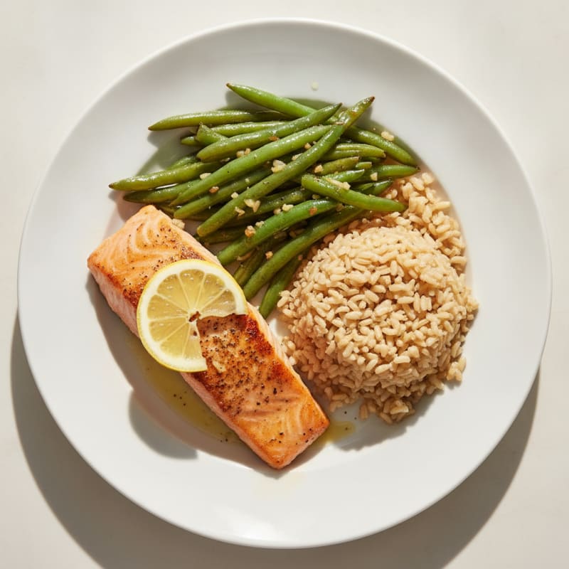 Seared Salmon Fillet with Garlic Green Beans and Brown Rice