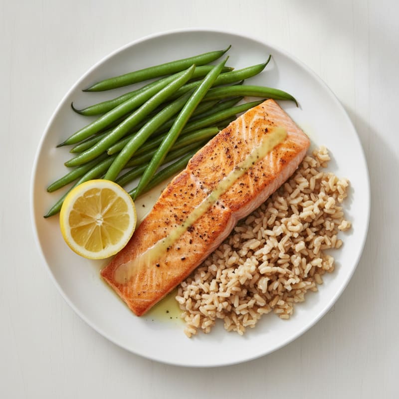 Seared Salmon with Steamed Green Beans and Brown Rice