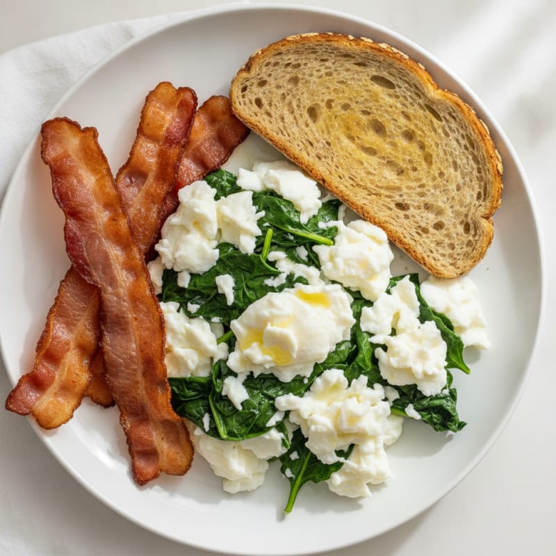 Scrambled Egg Whites with Sautéed Spinach and Turkey Bacon