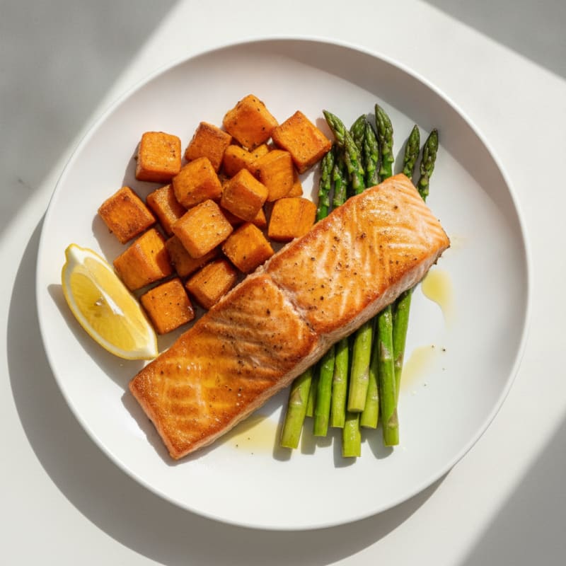 Seared Salmon with Roasted Sweet Potatoes and Asparagus