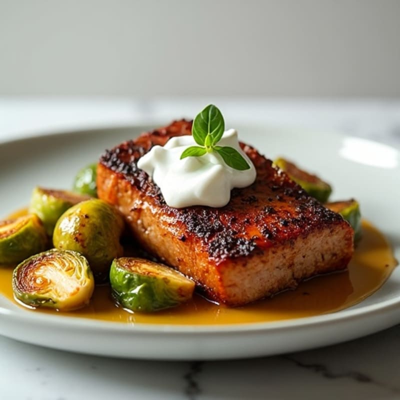 Tender Slow-Braised Pork Belly with Crispy Roasted Brussels Sprouts
