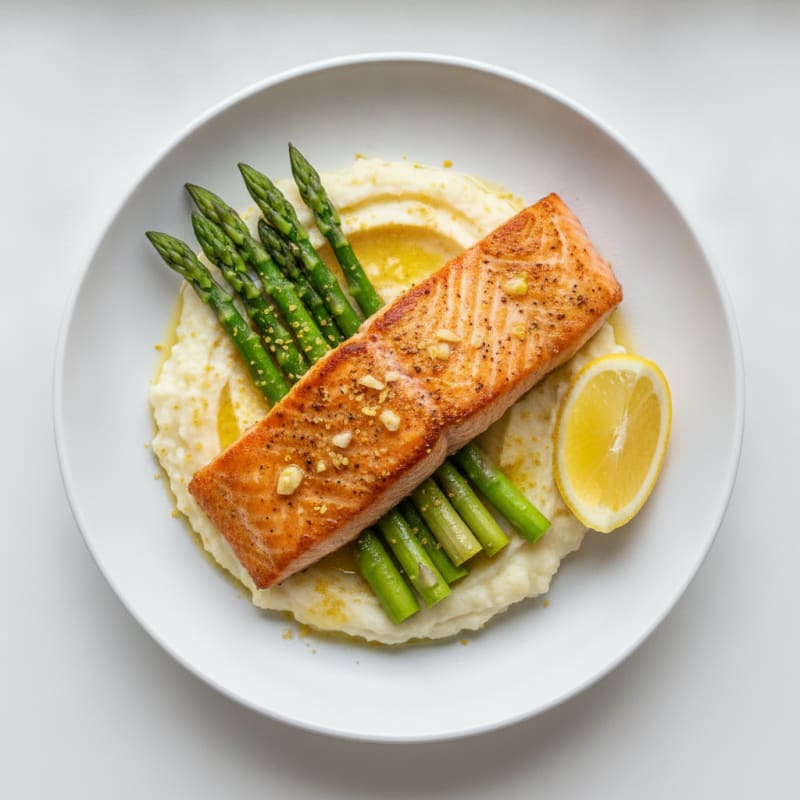Seared Salmon Fillet with Steamed Asparagus and Cauliflower Mash
