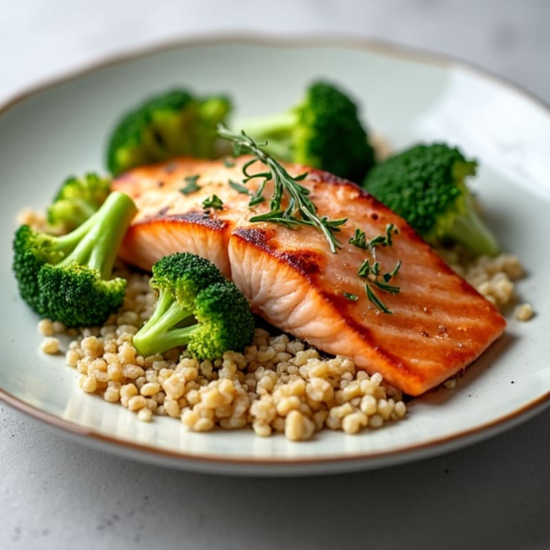 Seared Salmon with Steamed Broccoli and Quinoa
