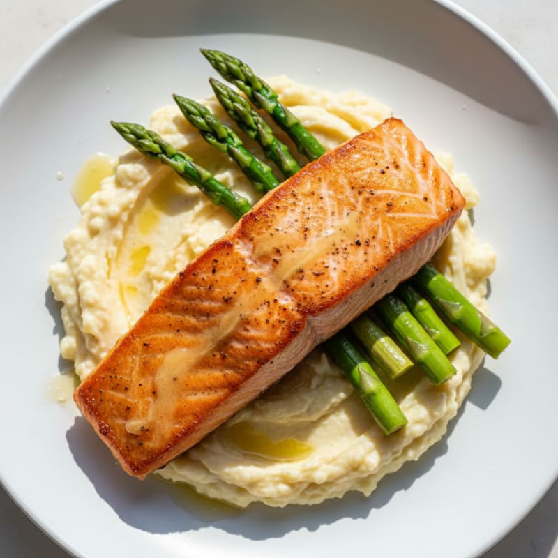 Seared Salmon with Steamed Asparagus and Cauliflower Mash