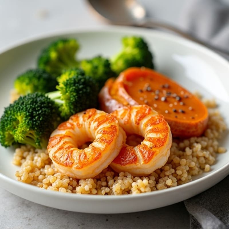 Seared Shrimp with Roasted Sweet Potato, Steamed Broccoli, and Quinoa