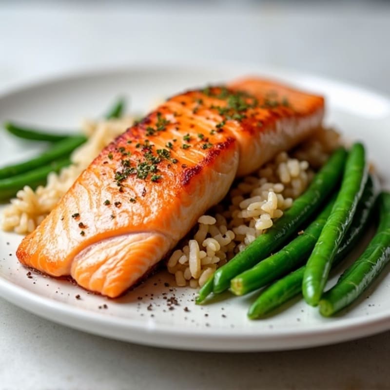 Seared Salmon with Steamed Green Beans and Brown Rice