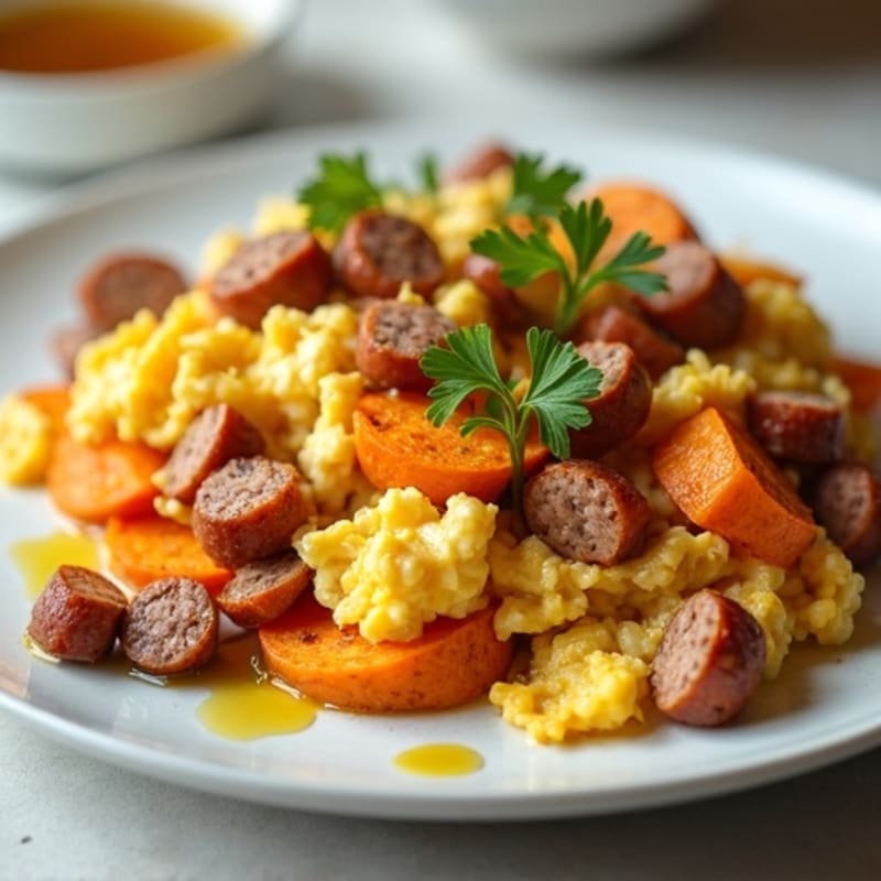Egg White and Turkey Sausage Scramble with Roasted Sweet Potato