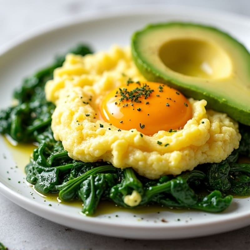 Fluffy Scrambled Eggs with Sautéed Spinach and Creamy Avocado
