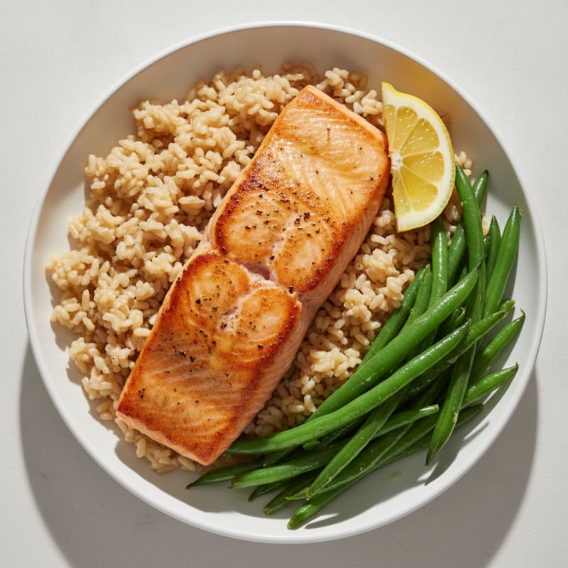 Seared Salmon with Steamed Green Beans and Brown Rice