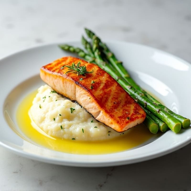 Seared Salmon Fillet with Steamed Asparagus and Cauliflower Mash