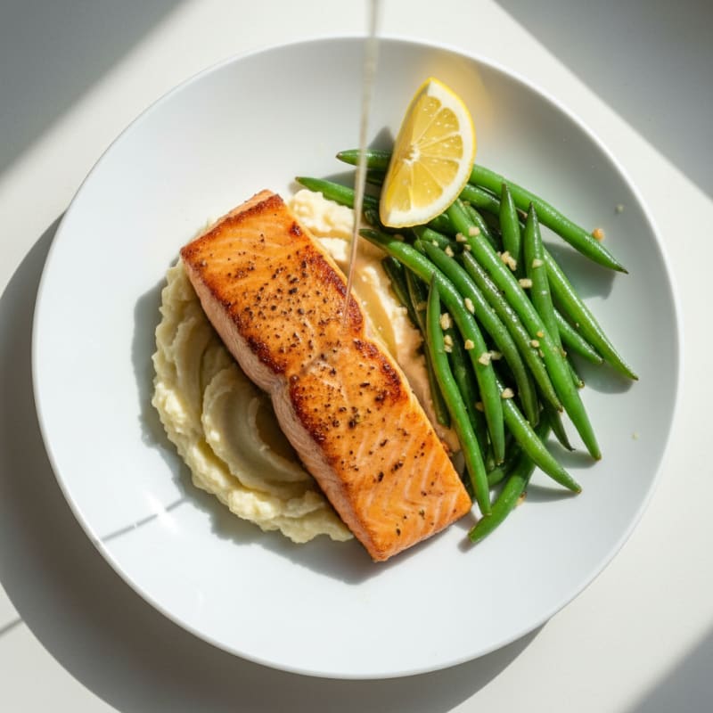 Seared Salmon with Garlic Green Beans and Cauliflower Mash