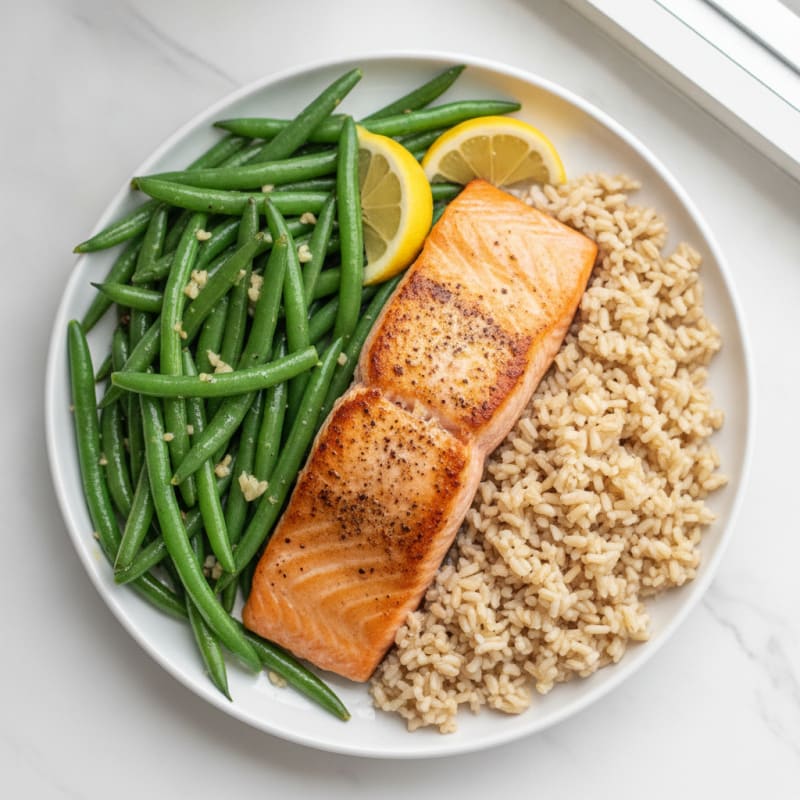 Seared Salmon with Garlic Green Beans and Brown Rice