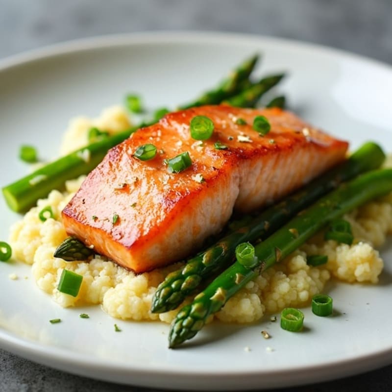 Seared Salmon Fillet with Steamed Asparagus and Cauliflower Mash