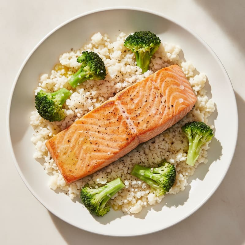 Seared Salmon with Steamed Broccoli and Cauliflower Rice