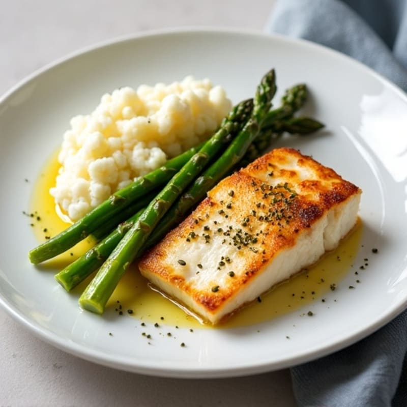 Seared Cod with Roasted Asparagus and Cauliflower Mash