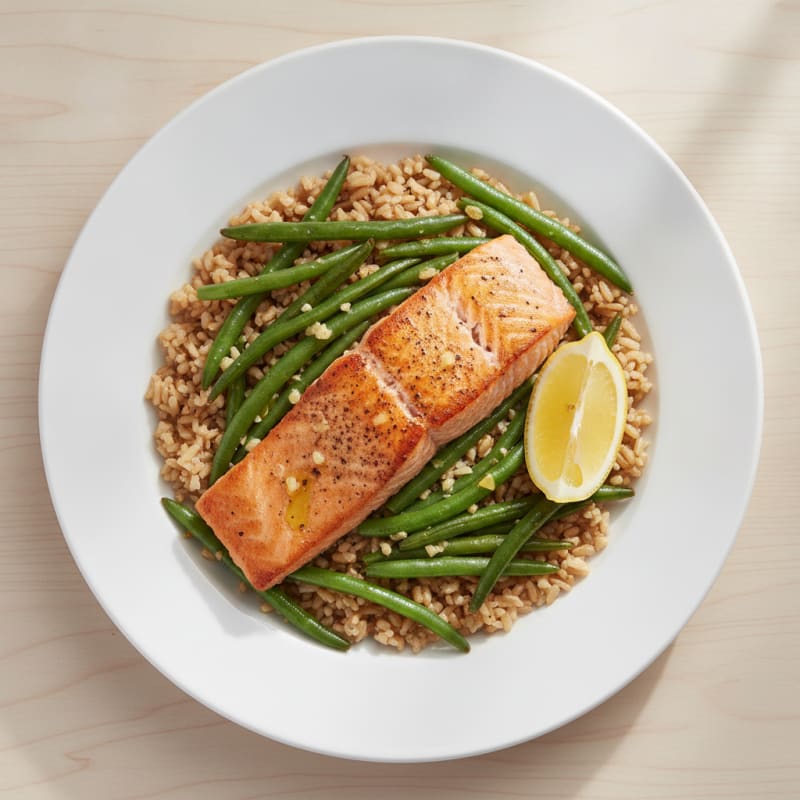 Seared Salmon Fillet with Garlic Green Beans and Brown Rice