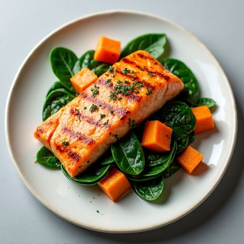 Seared Salmon Fillet with Roasted Sweet Potato and Sautéed Spinach
