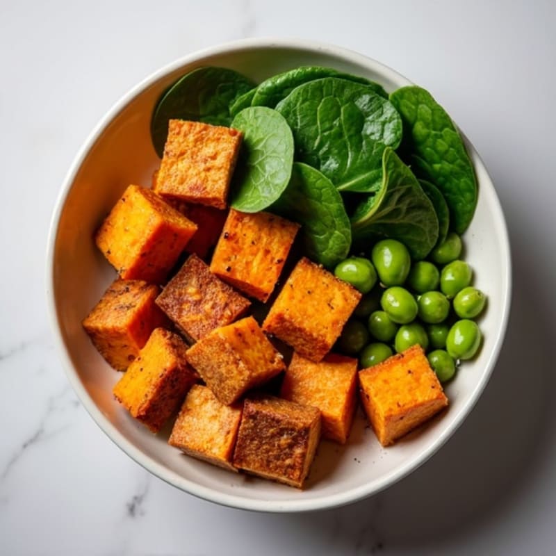 Crispy Baked Tofu with Roasted Sweet Potato Bowl
