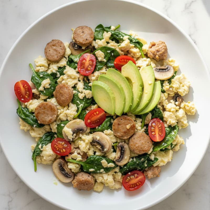 Egg White and Turkey Sausage Scramble with Spinach and Mushrooms