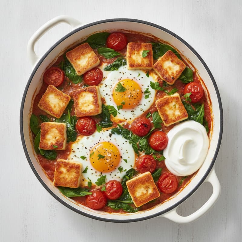 Halloumi and Tomato Baked Eggs