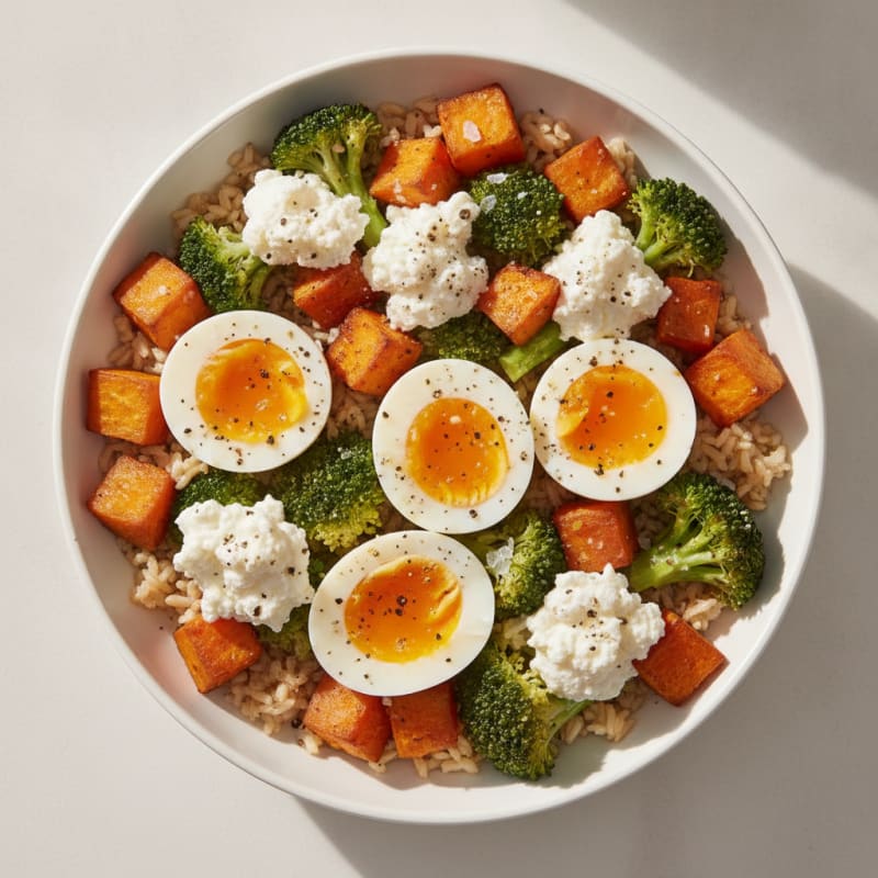Boiled Eggs with Roasted Sweet Potato & Broccoli Power Bowl