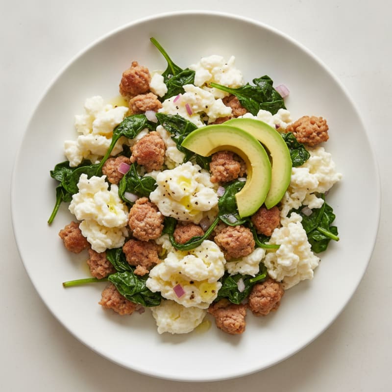 Egg White Scramble with Turkey Sausage and Sautéed Spinach