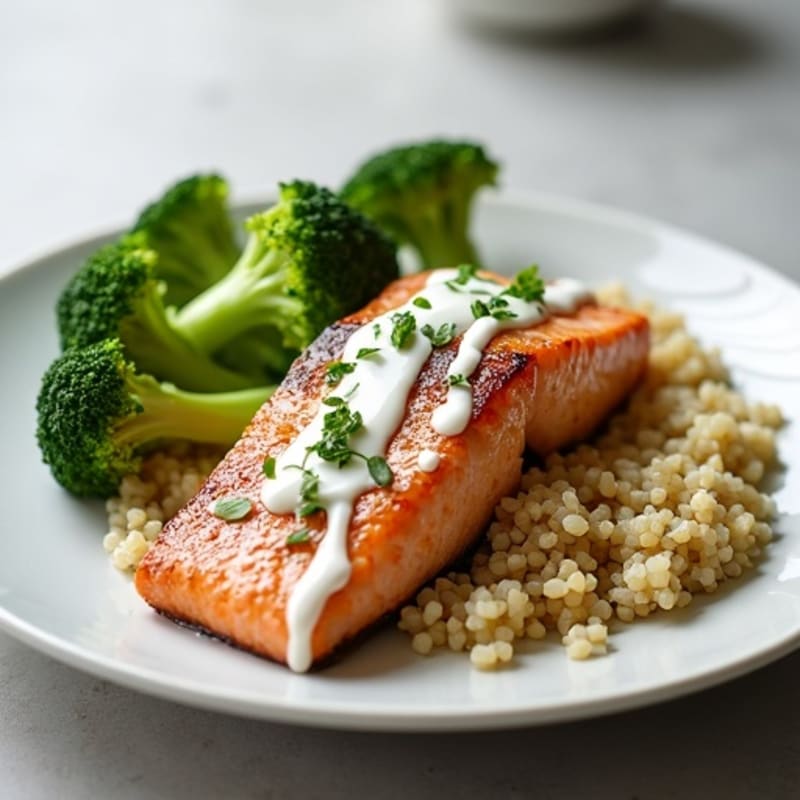 Seared Salmon with Steamed Broccoli, Quinoa & Creamy Yogurt Drizzle