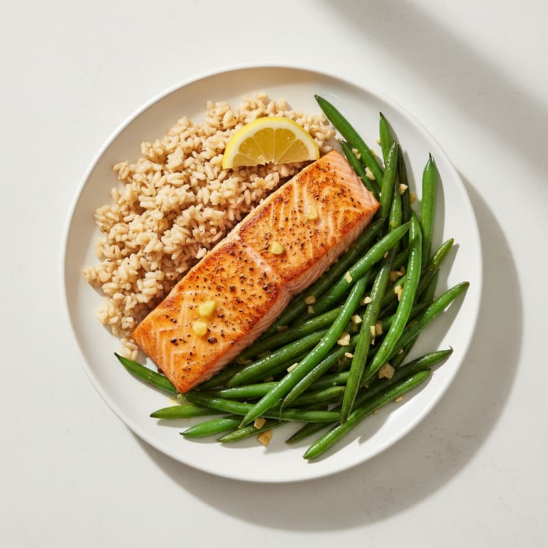 Seared Salmon with Garlic Green Beans and Brown Rice