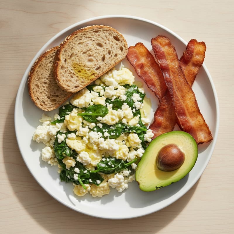 Cottage Cheese Scramble with Spinach and Turkey Bacon