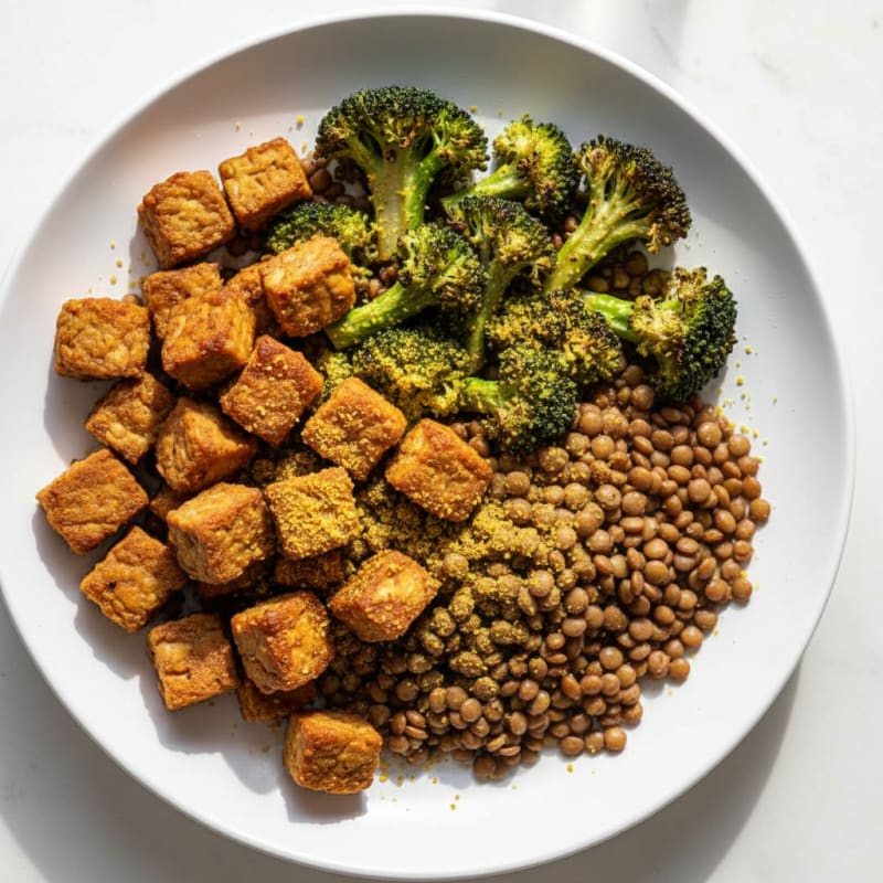 Crispy Tempeh and Lentil Power Bowl with Roasted Broccoli