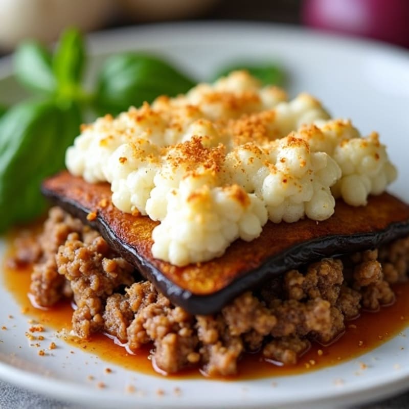 Lean Spiced Ground Lamb and Roasted Eggplant Bake with Creamy Cauliflower Topping