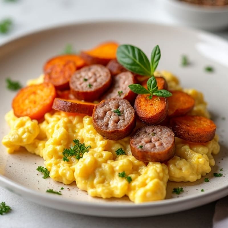 Egg White and Turkey Sausage Scramble with Roasted Sweet Potatoes