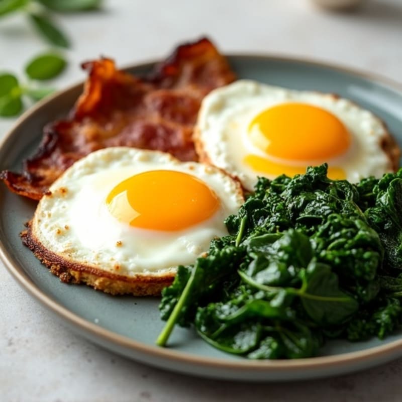 Sunny Side Up Eggs with Crispy Turkey Bacon and Garlicky Spinach