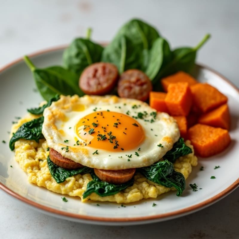 Egg White and Turkey Sausage Scramble with Spinach and Roasted Sweet Potato