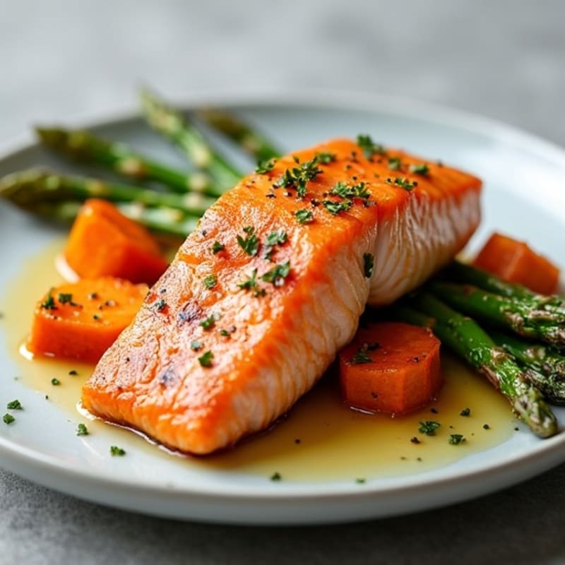 Seared Salmon with Roasted Sweet Potato and Asparagus