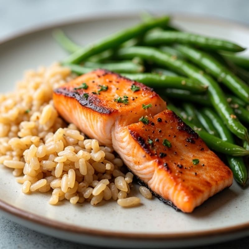 Seared Salmon Fillet with Garlic Green Beans and Brown Rice