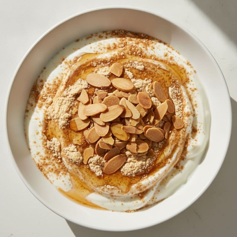 Silky Greek Yogurt with Roasted Soybean Powder and Toasted Almonds