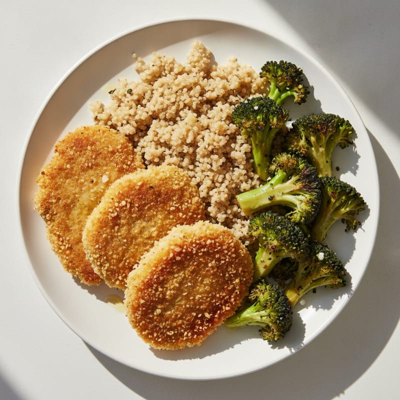 Crispy Baked Seitan Cutlets with Roasted Broccoli and Quinoa