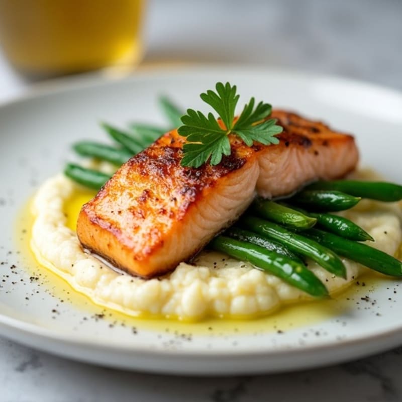 Seared Salmon with Steamed Green Beans and Cauliflower Mash