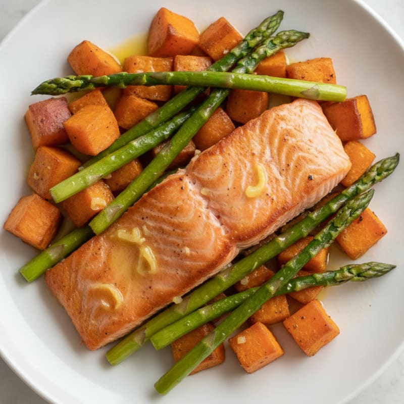Seared Salmon with Roasted Sweet Potato and Asparagus