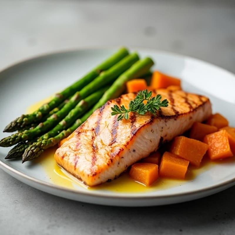 Seared Salmon with Roasted Sweet Potato and Asparagus