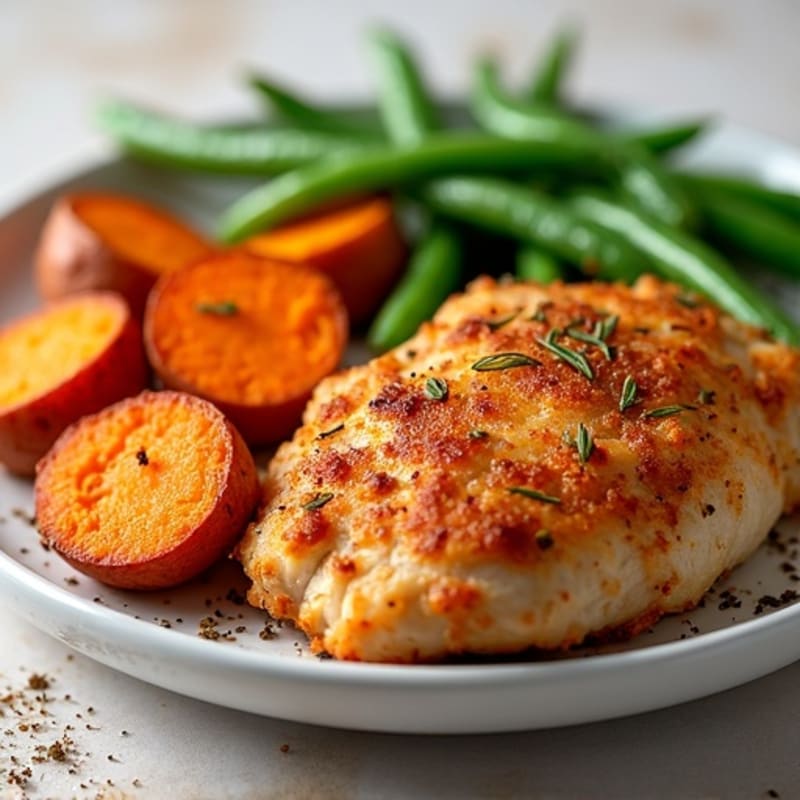 Crispy Baked Chicken with Roasted Sweet Potatoes and Green Beans