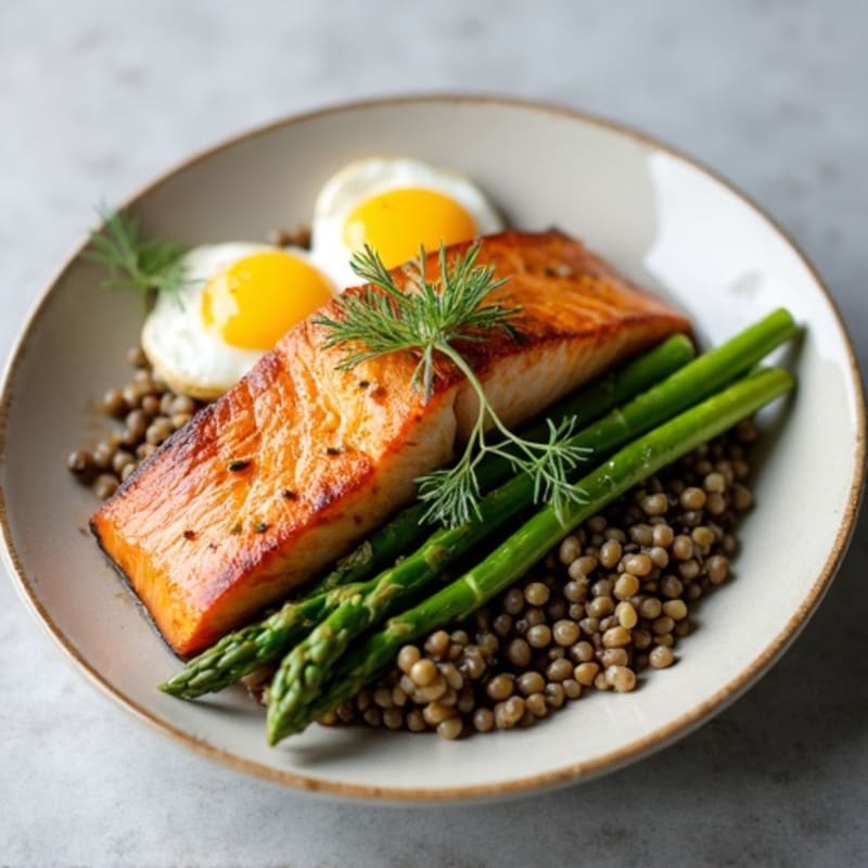 Seared Salmon Fillet with Garlic Asparagus and Lentil Mash