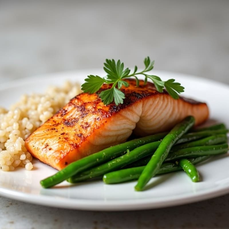 Seared Salmon Fillet with Steamed Green Beans and Brown Rice