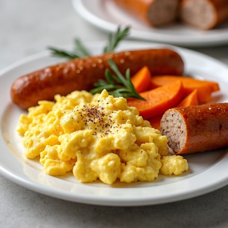 Creamy Scrambled Eggs with Turkey Sausage and Roasted Sweet Potatoes