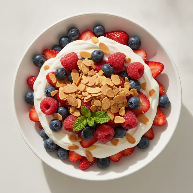 Greek Yogurt Protein Parfait with Mixed Berries and Almonds