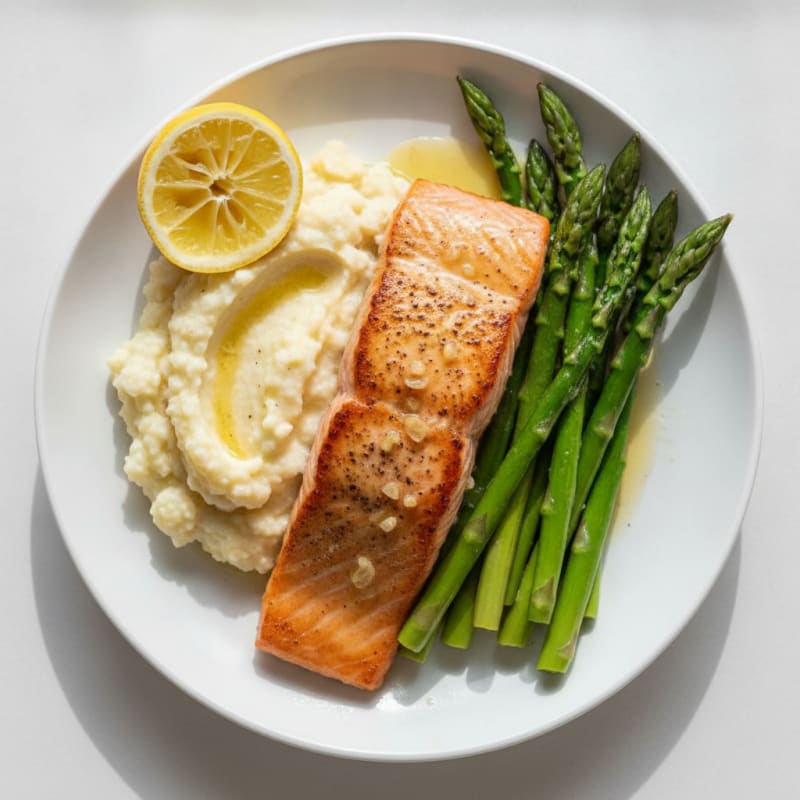 Seared Salmon with Steamed Asparagus and Cauliflower Mash
