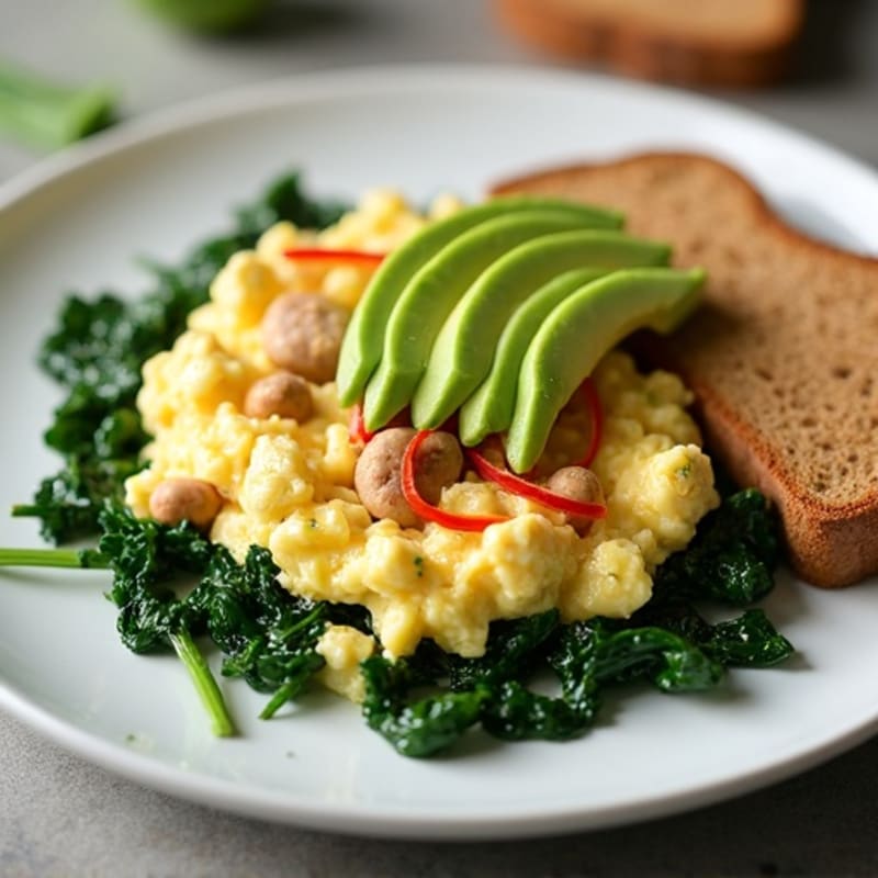 Egg White and Turkey Sausage Scramble with Sautéed Spinach, Toast & Avocado